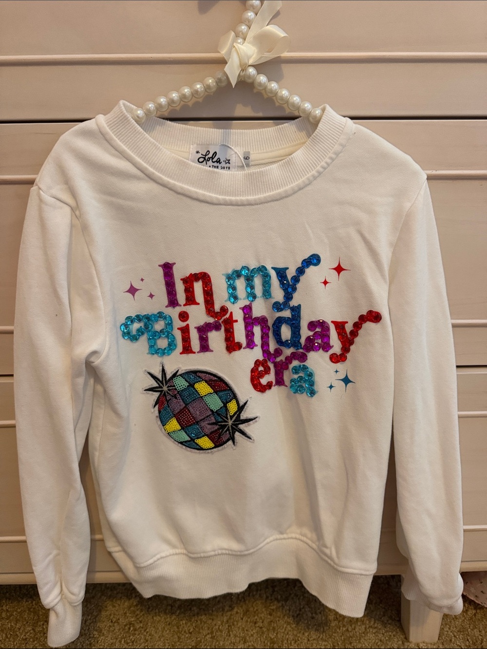 lola White Sequin "In My Birthday Era" Crewneck Sweatshirt